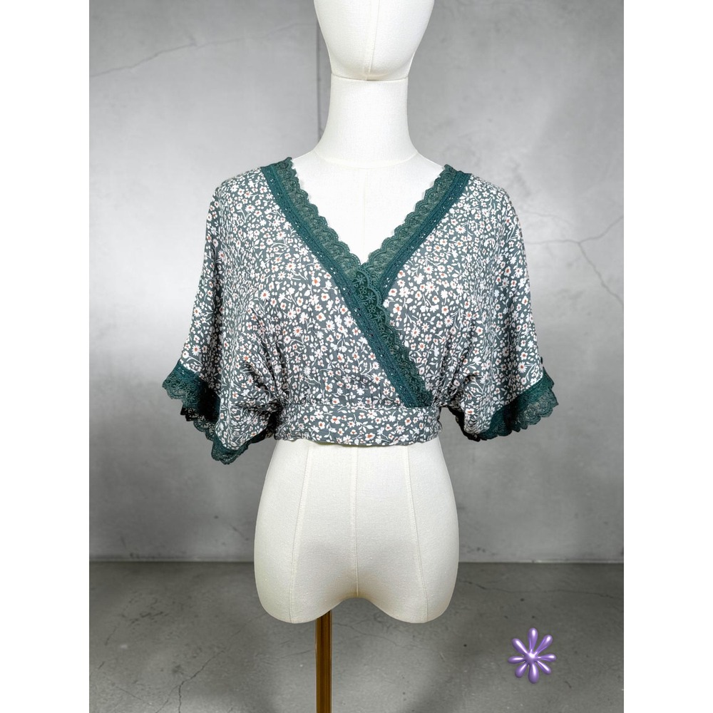 ANGIE Crop Top Womens S Sage Green Floral Lace Trim Boho Cottagecore Rayon NWT